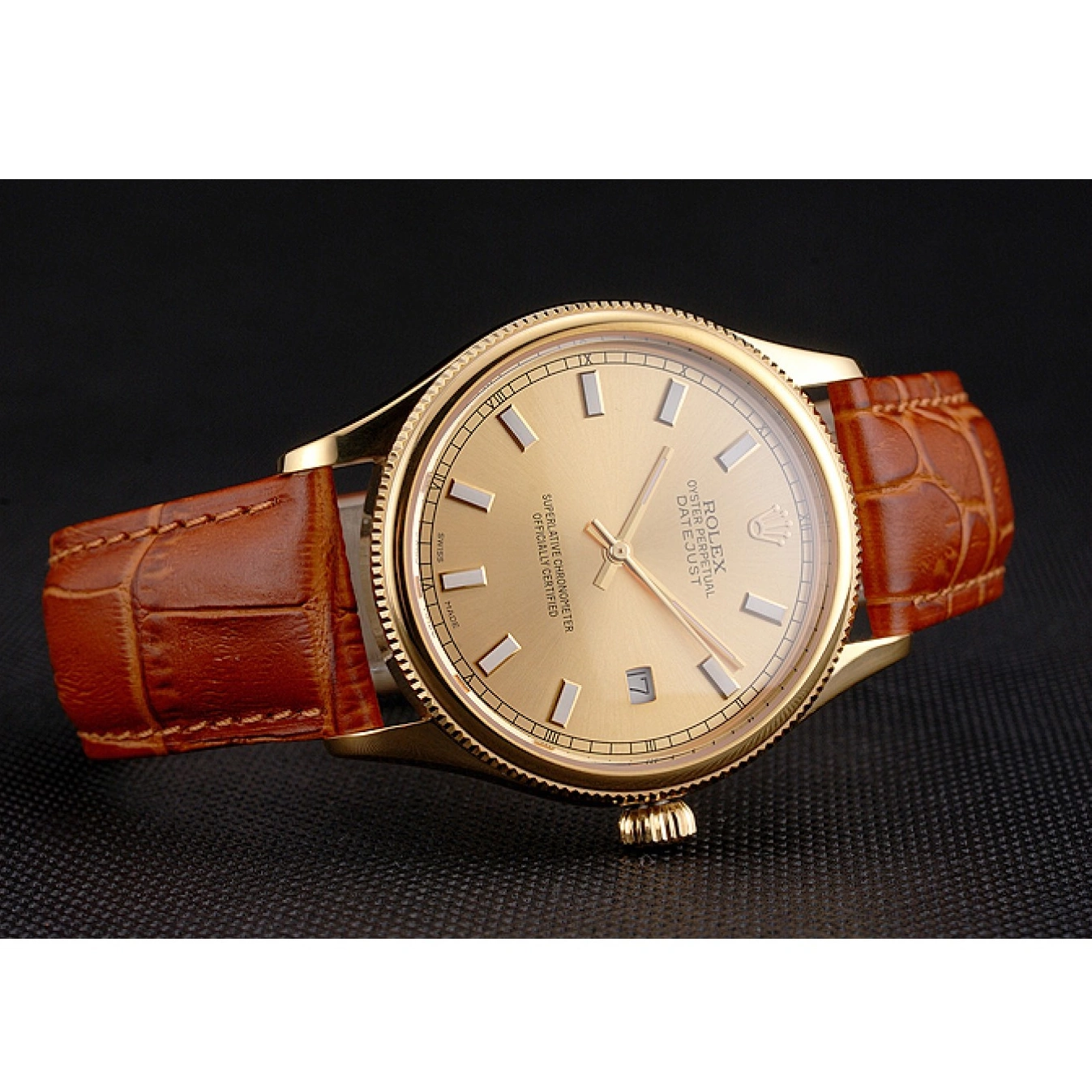 Aaa replica watch Gold Swiss Case Light Gold Leather Datejust Rolex Brown Dial Strap 0818